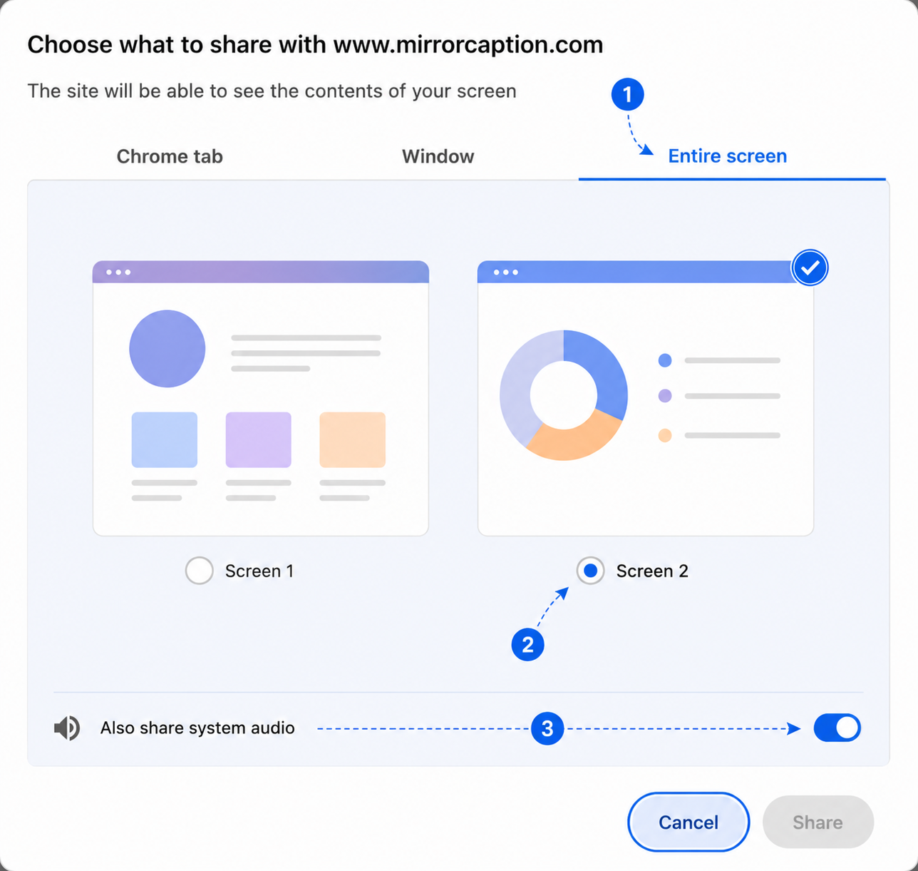 Chrome 'Share system audio' toggle highlighted in the screen-share picker